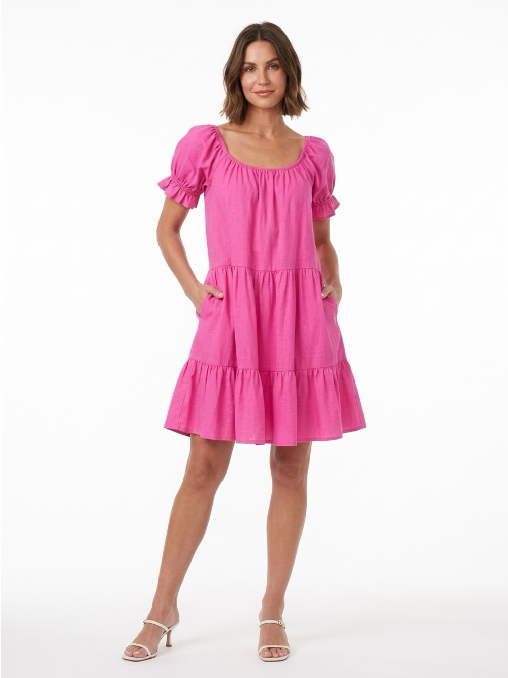 BURU On & Off Shoulder Pink Cotton Puff Sleeve Tiered Mini Dress size M